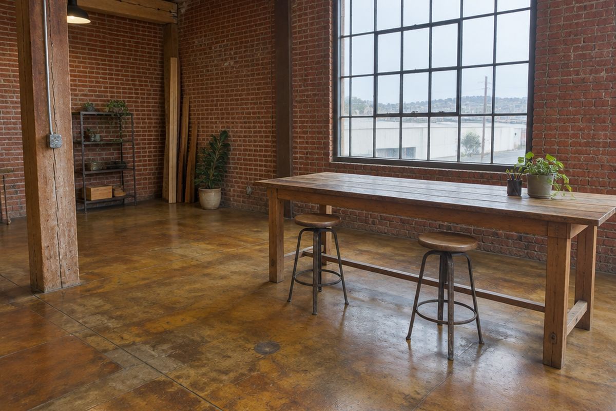 Brick warehouse studio with an amber and tobacco brown acid-stained concrete floor showing old patches and saw cuts, timber posts and a steel window.
