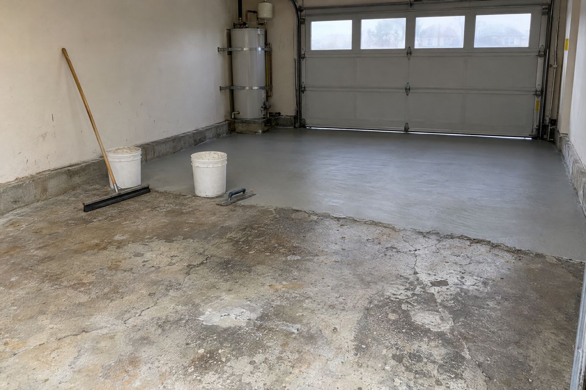 Garage slab half covered in smooth fresh gray resurfacer and half old scaled, cracked concrete, with a squeegee, trowel and plain buckets at the line.