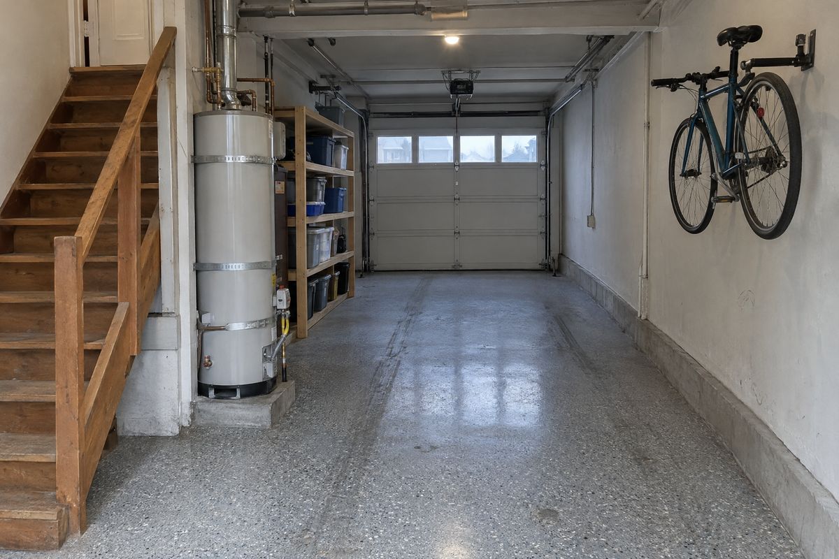 Long narrow garage under a row house with a gray and white flake floor, faint tire marks, a strapped water heater, a wooden stair and shelves.