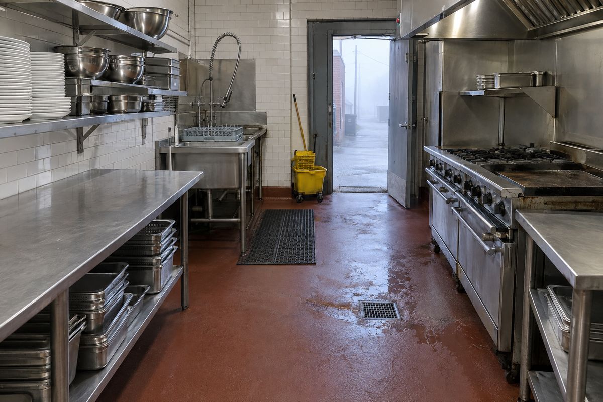 Restaurant kitchen with a red-brown urethane cement floor coved up the walls, a square stainless floor drain, prep tables, a cooking line and a mop bucket.
