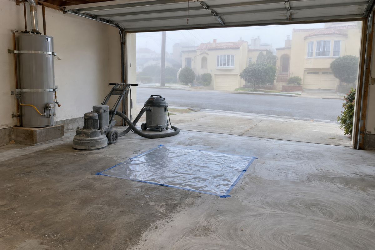 Garage slab partly ground with circular swirl marks, a taped-down square of plastic sheeting for a moisture test, a grinder and dust vacuum, and fog outside.